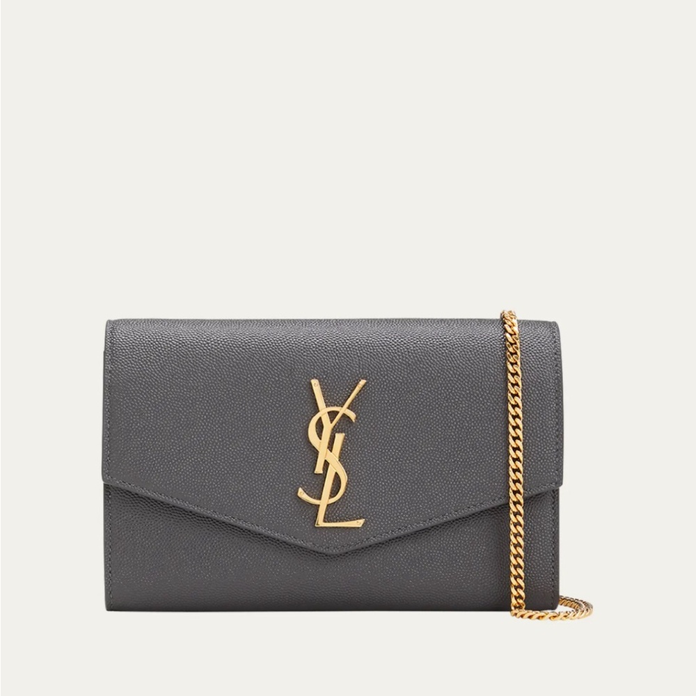 Saint Laurent Uptown Chain Wallet in Grain De Poudre Embossed Leather